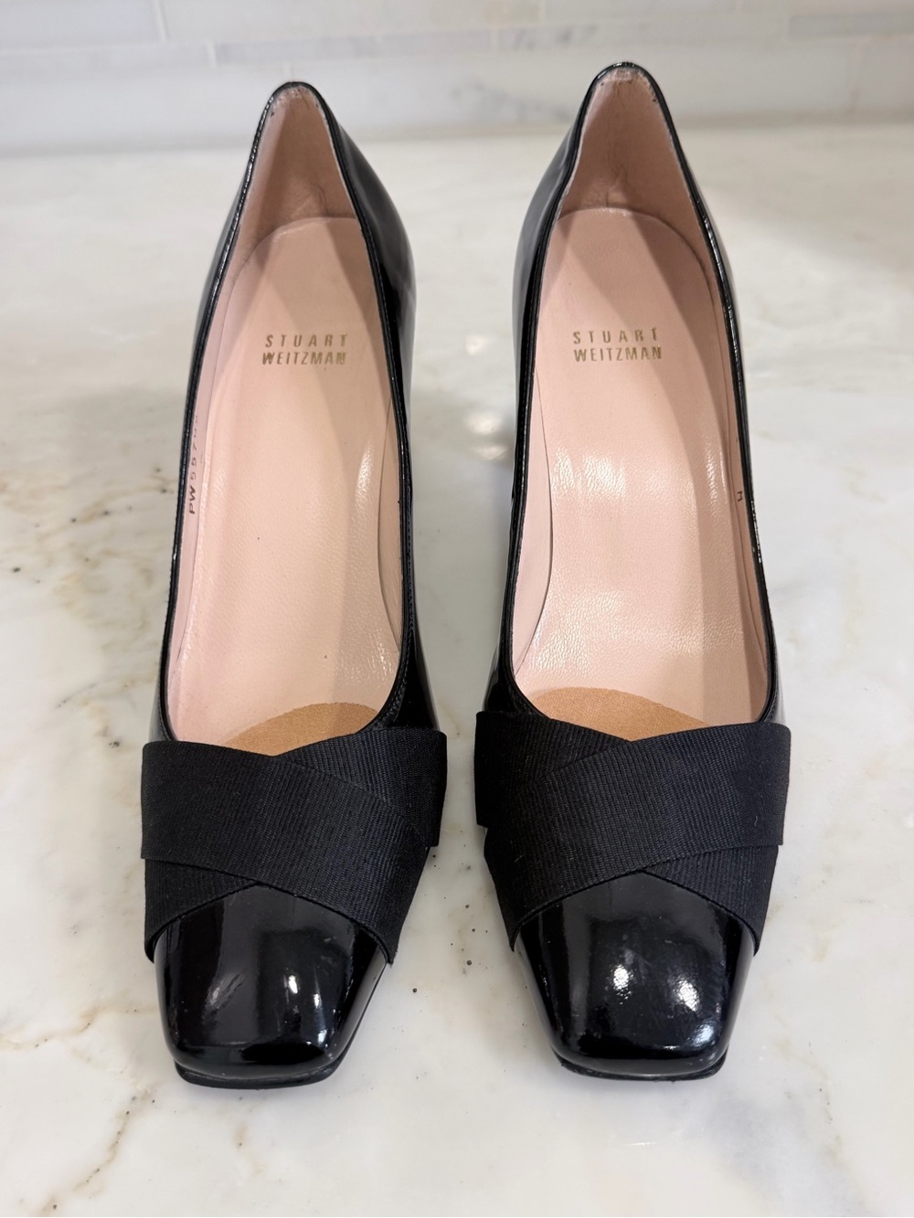 Stuart Weitzman Black Patent Leather Square-Toe Pumps with Crossover Fabric